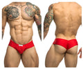 Red justin simon xsj22 cheek briefs with a small white waistband label designed for athletic use