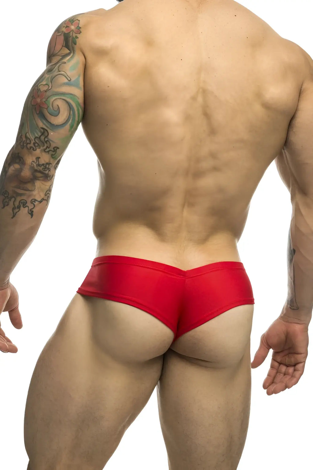 Justin plus simon red cheek briefs in a smooth glossy fabric with a form fitting design