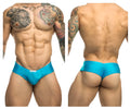 Bright turquoise JUSTIN+SIMON XSJ22 cheek briefs with sleek form-fitting design and white brand tag at the waistband