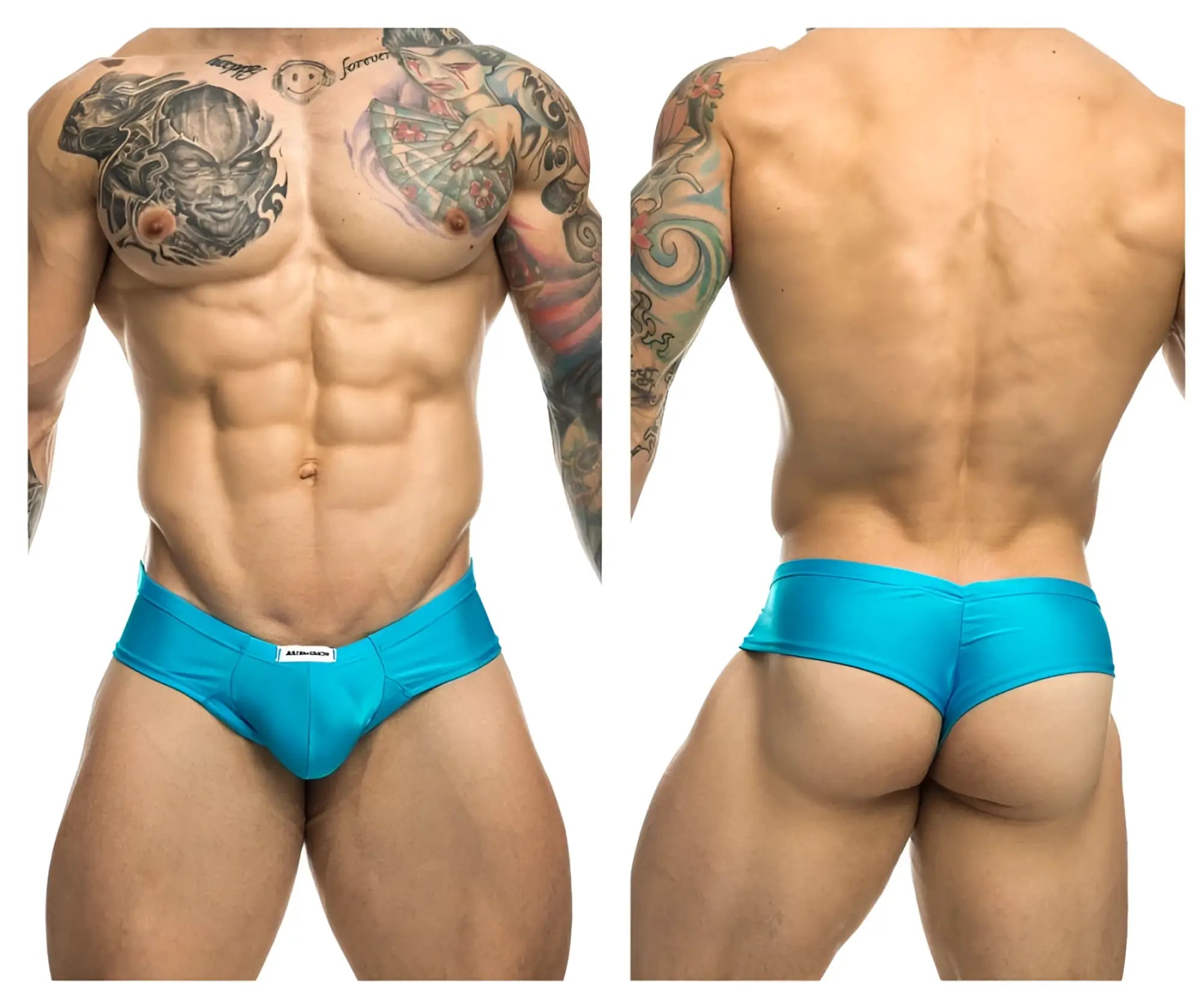 Bright turquoise JUSTIN+SIMON XSJ22 cheek briefs with sleek form-fitting design and white brand tag at the waistband