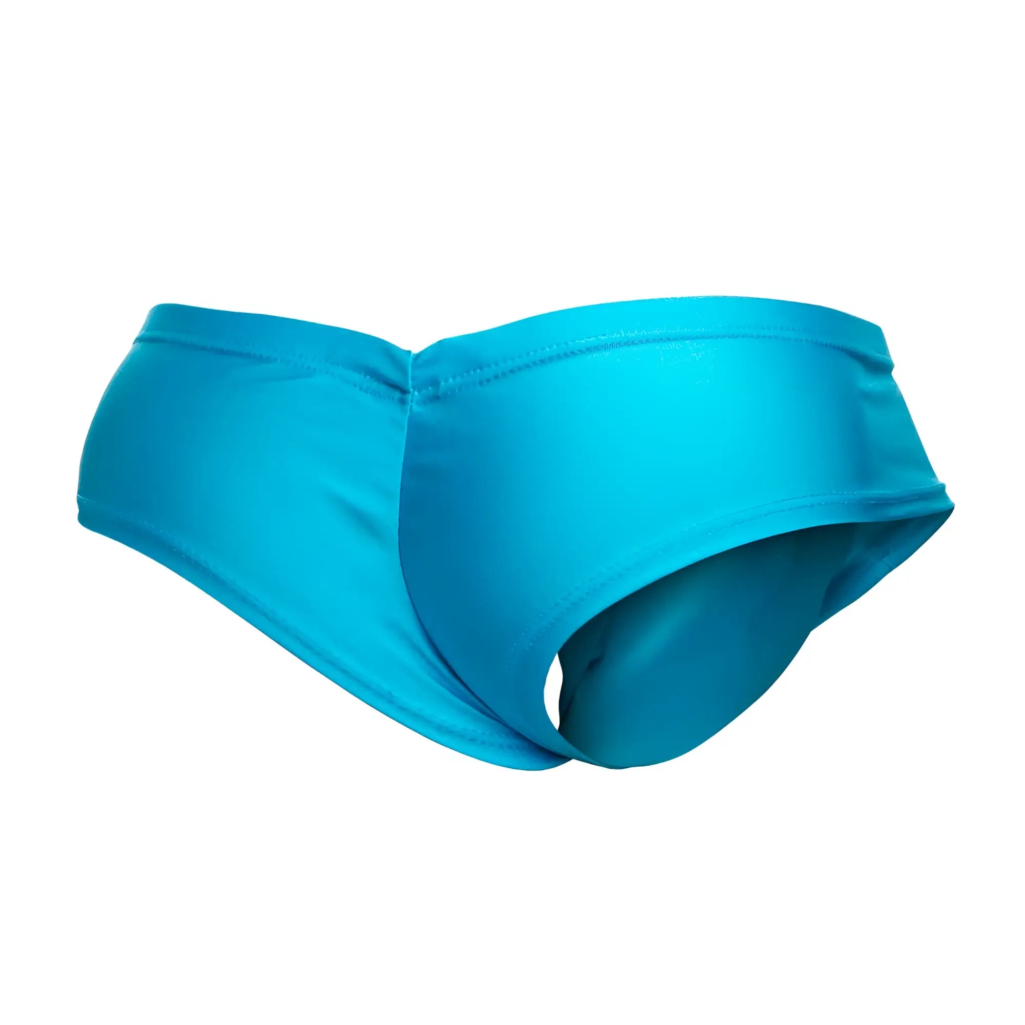 Justin simon xsj22 cheek briefs in bright turquoise with smooth glossy fabric finish swim trunks for swimming