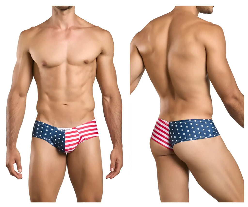 Justin+Simon XSJ22 cheek briefs feature American flag design with red white and blue stripes and stars for men