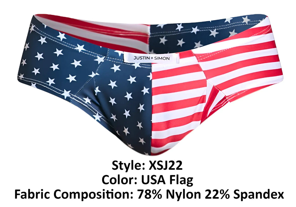 Justin simon usa flag cheek briefs with bold red white and blue stars and stripes swim trunks design