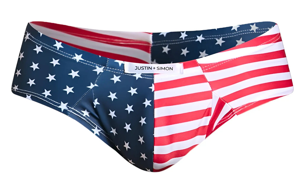 Justin plus simon cheek briefs in usa flag colors featuring red white and blue stripes and stars for swimwear use