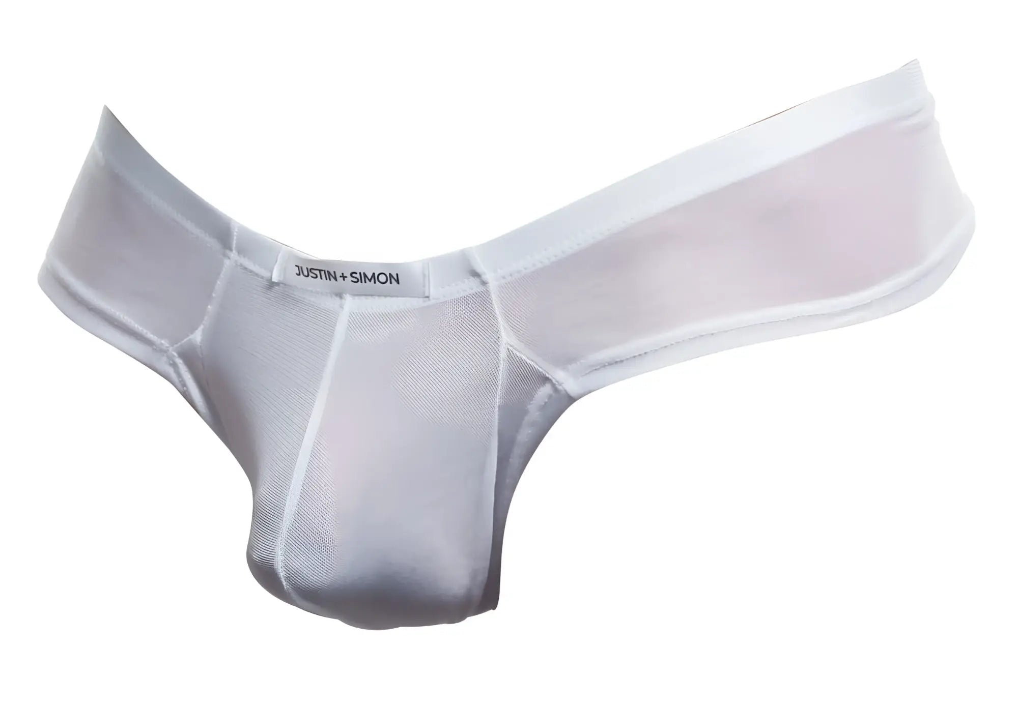 White sheer mesh thong by justin simon in white mesh fabric showcasing the back side design
