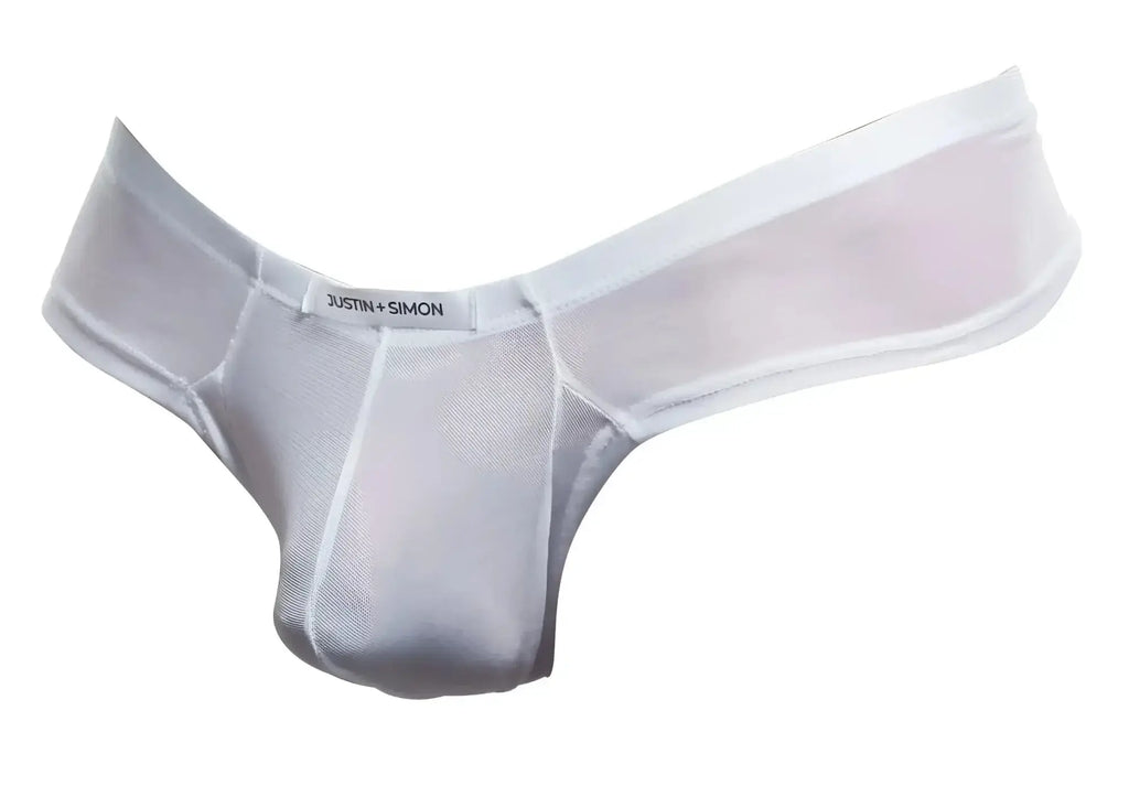 White sheer mesh thong by justin simon in white mesh fabric showcasing the back side design