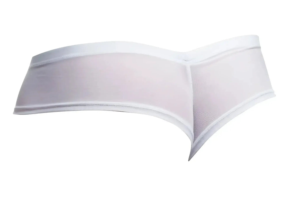 White sheer mesh thong with solid white elastic waistband and trim from JUSTIN SIMON XSJ22 cheek briefs collection