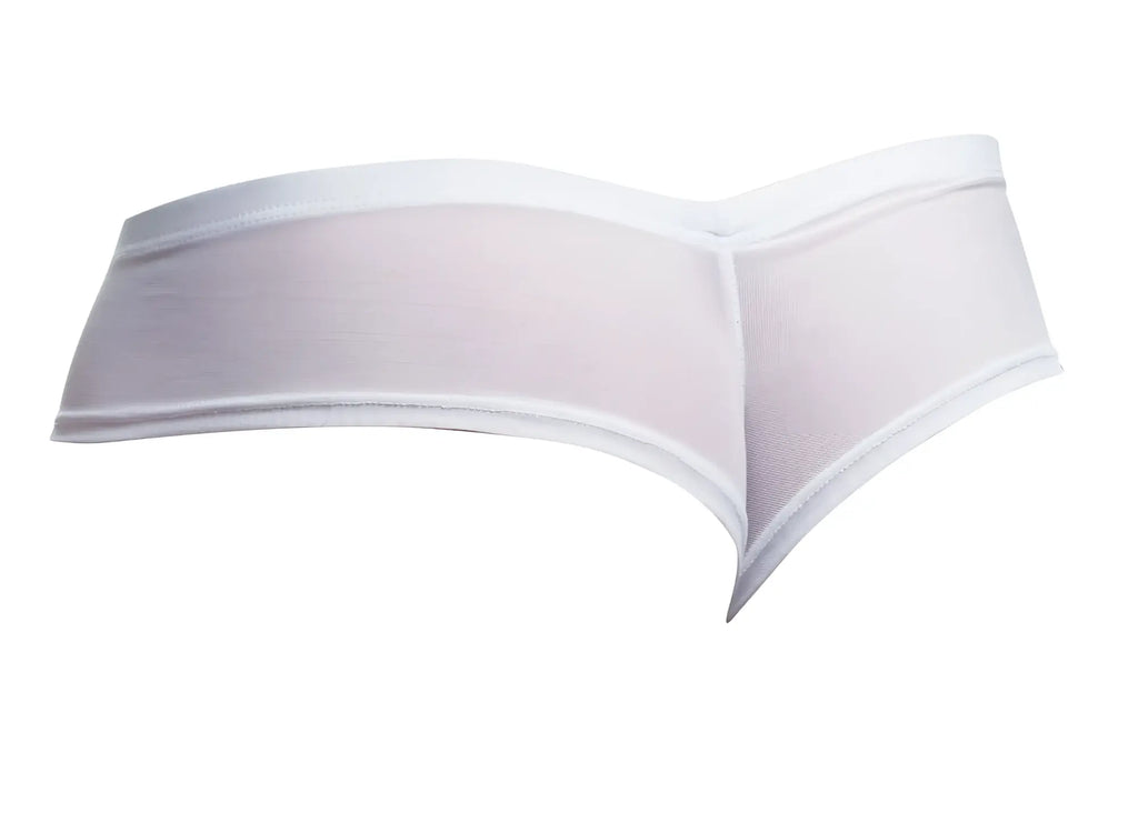 White sheer mesh thong with solid white elastic waistband and trim from JUSTIN SIMON XSJ22 cheek briefs collection
