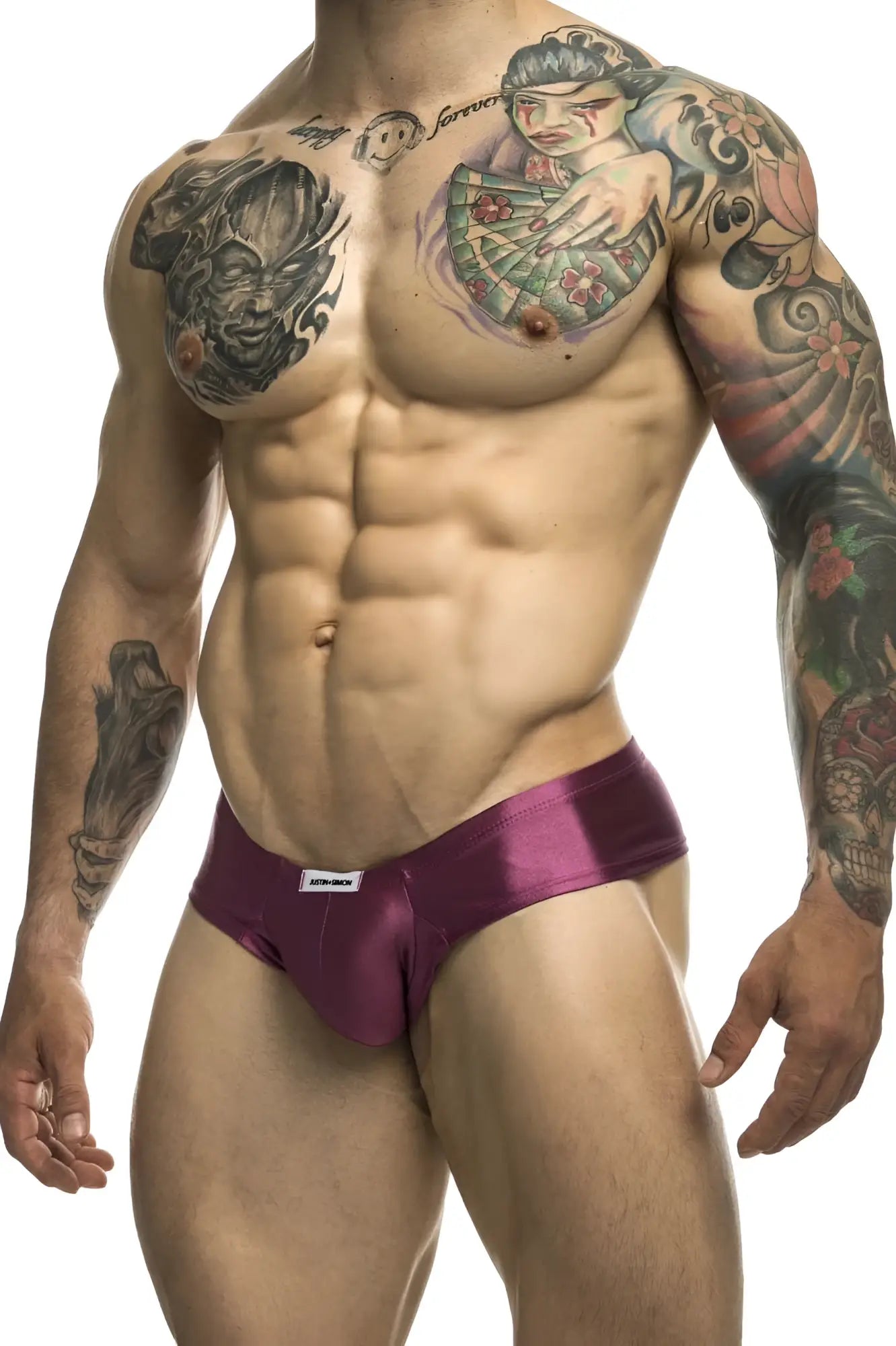 Justin+Simon xsj22 cheek briefs in wine color purple satin with a small white brand tag on the waistband