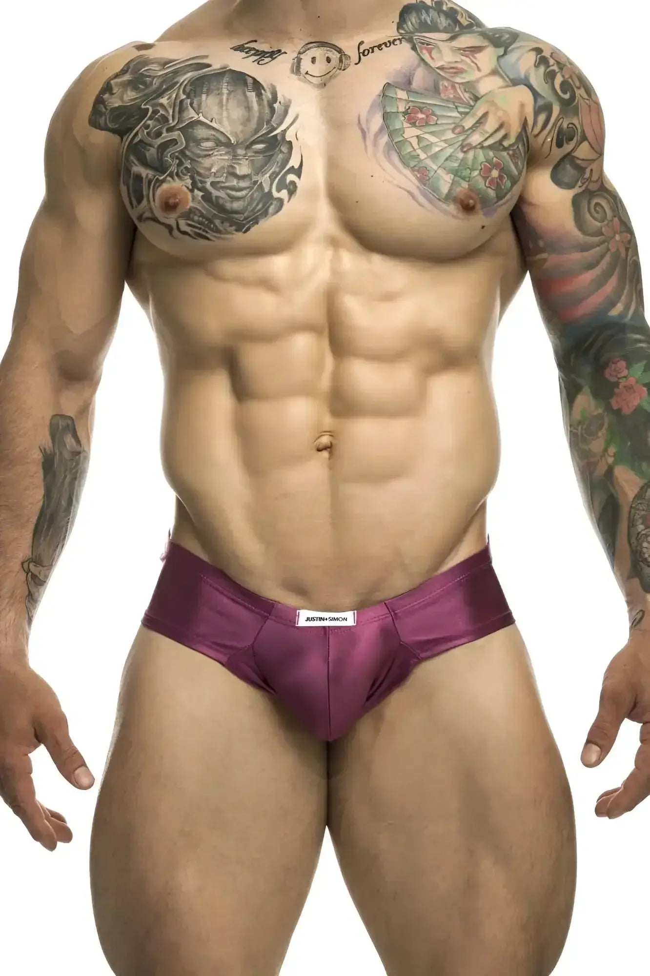 Purple satin cheek briefs in wine color with a white brand tag on the waistband by JUSTIN SIMON XSJ22