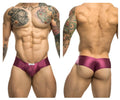 Shiny magenta satin cheek briefs with a white brand tag at the waistband from justin simon xsj22 wine collection