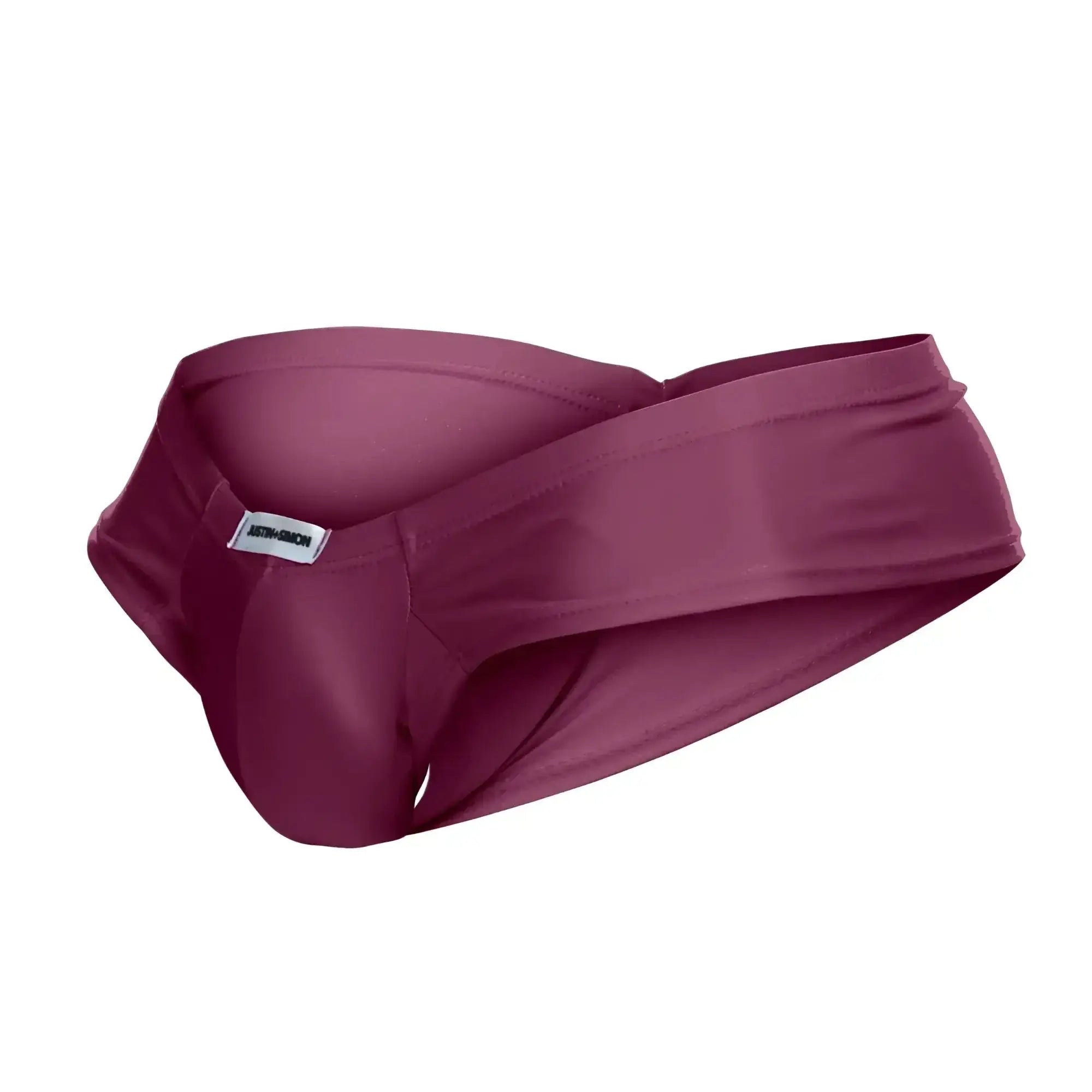 Justin Simon XSJ22 wine maroon men’s brief with smooth satin fabric and elastic waistband for comfortable fit