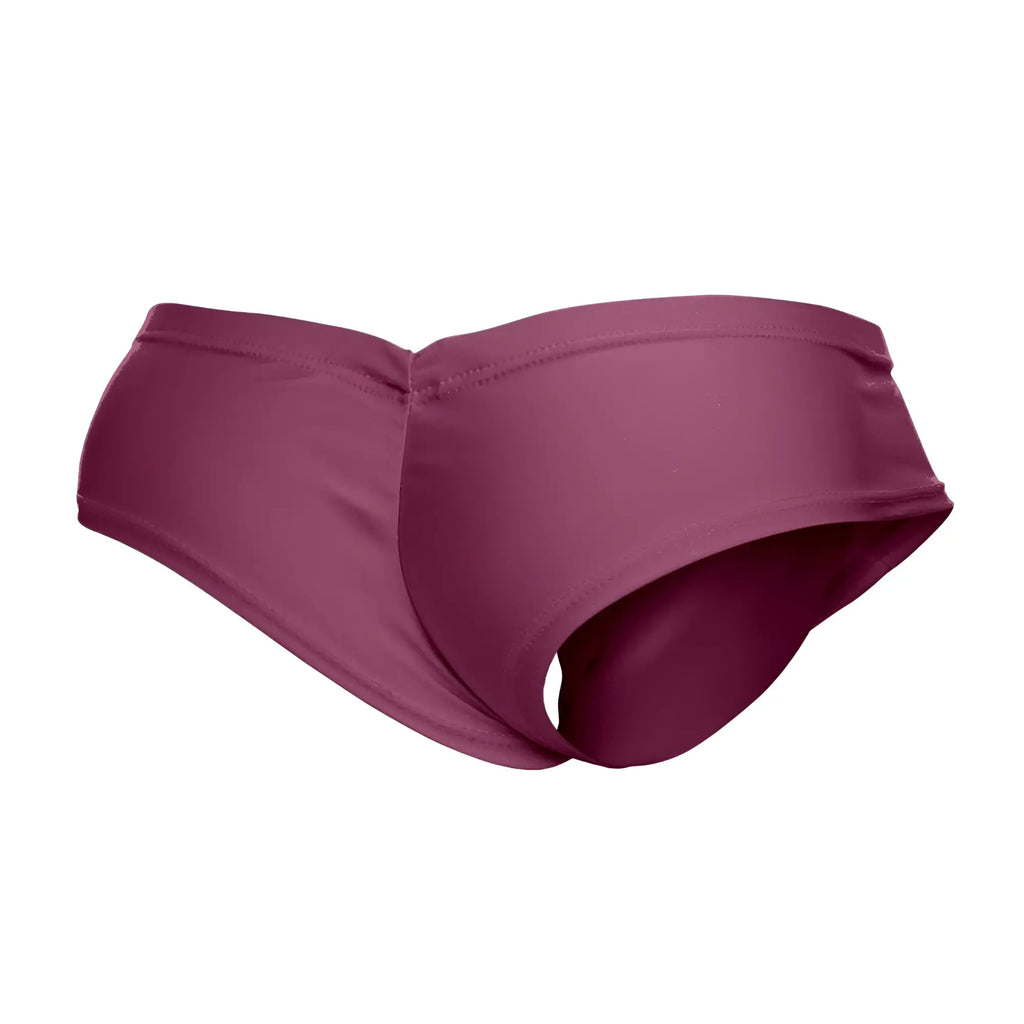 Justin simon xsj22 cheek briefs in wine color featuring a sleek solid maroon swim brief with smooth stretchy fabric and contoured design