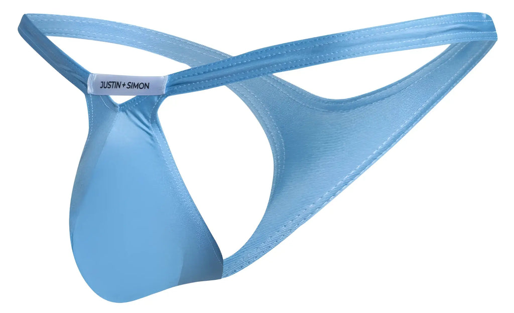 Light blue satin-like fabric thong with subtle sheen stitched detailing and justin simon label on strap baby blue color