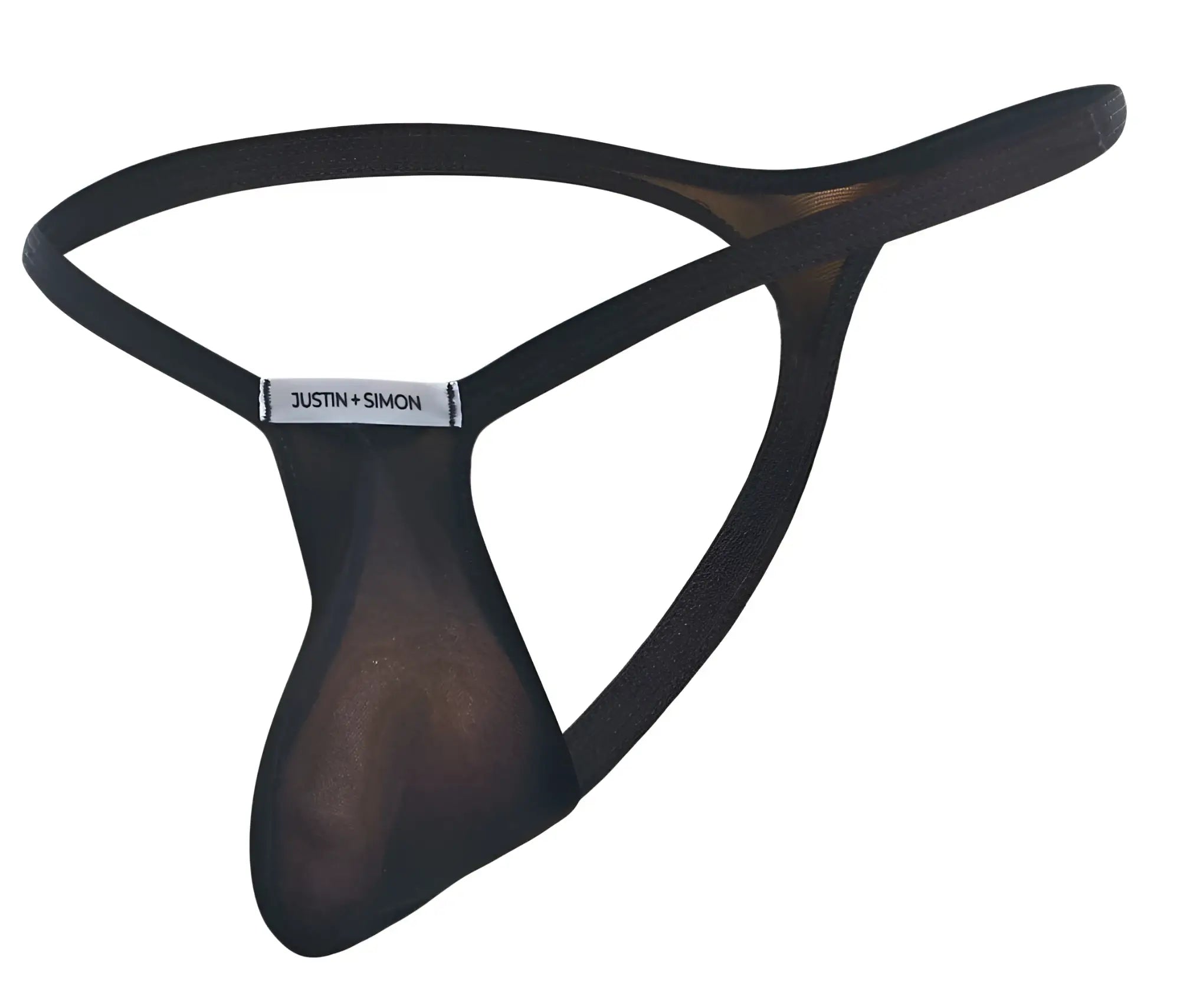Black sheer mesh thong with solid black elastic band and justin simon brand label in black mesh bulge thong design