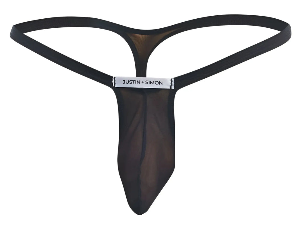 Black sheer mesh bulge thong with solid black waistband and justin + simon branding for men’s underwear