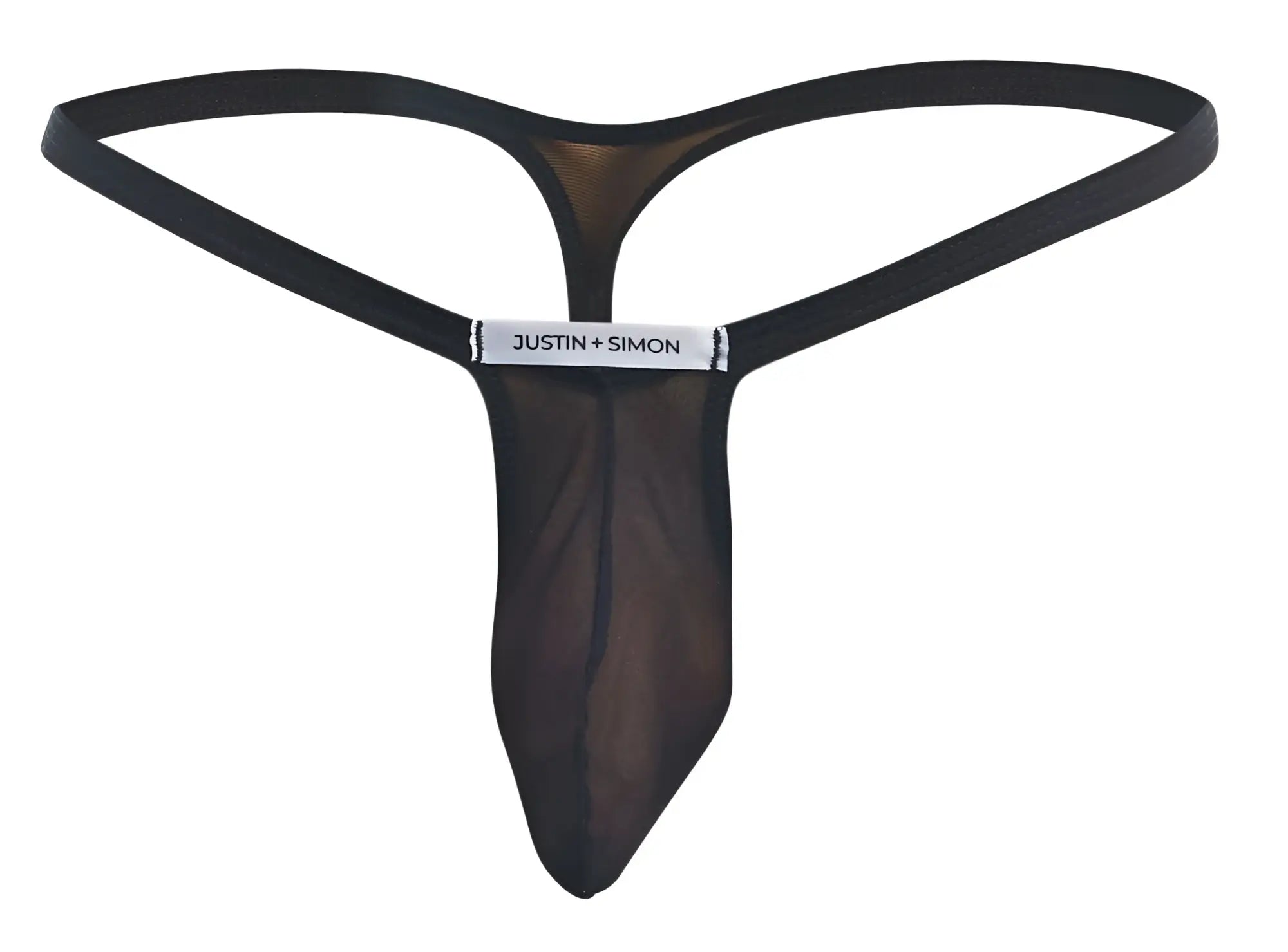 Black sheer mesh bulge thong with solid black waistband and justin + simon branding for men’s underwear