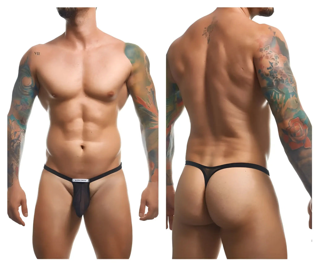 Justin+Simon black mesh bulge thong with solid waistband and small white label at front in black mesh color
