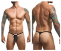 Justin+Simon black mesh bulge thong with solid waistband and small white label at front in black mesh color