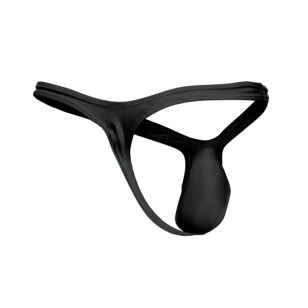 Black satin thong justin simon xsjbu02 with smooth glossy finish and minimalistic design front view