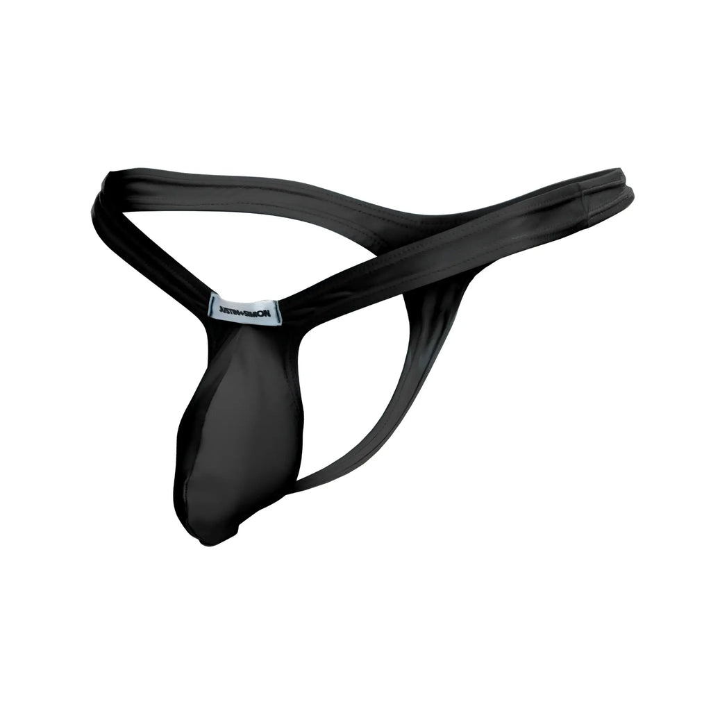 Black justin simon xsjbu02 bulge thong made of smooth stretchy fabric with sleek design and small brand tag at waistband