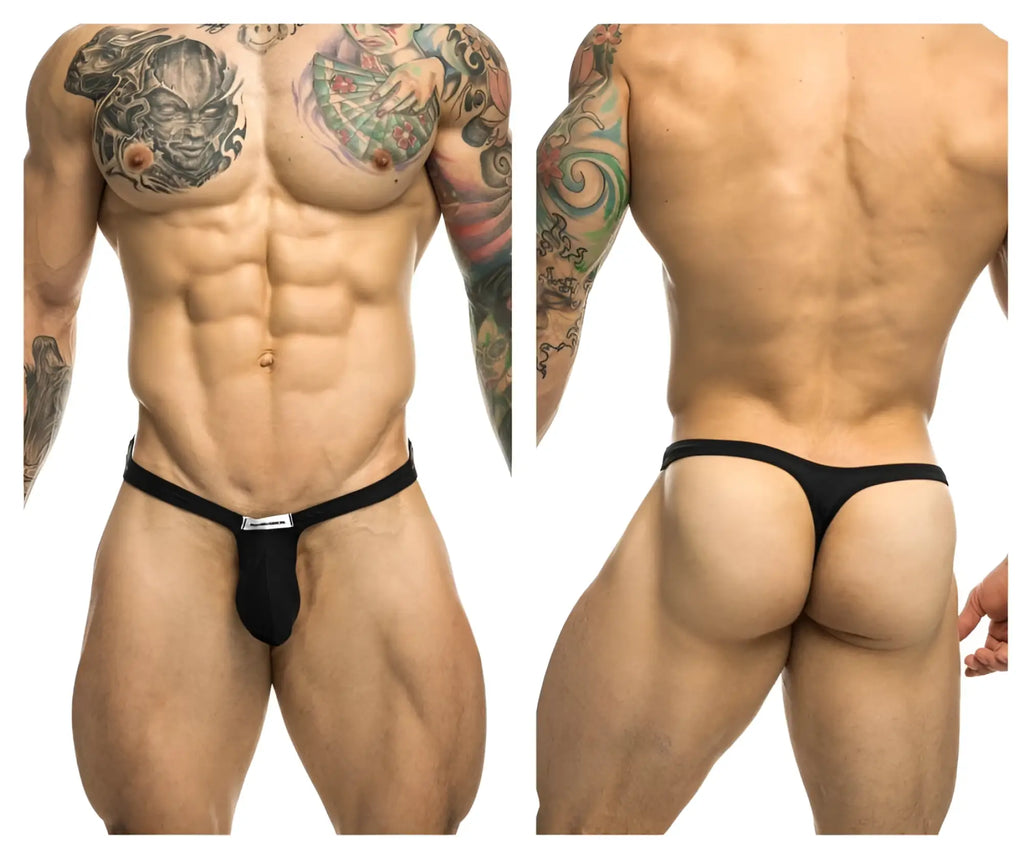 Black justin simon xsjbu02 bulge thong with small silver logo on front band for comfortable wear