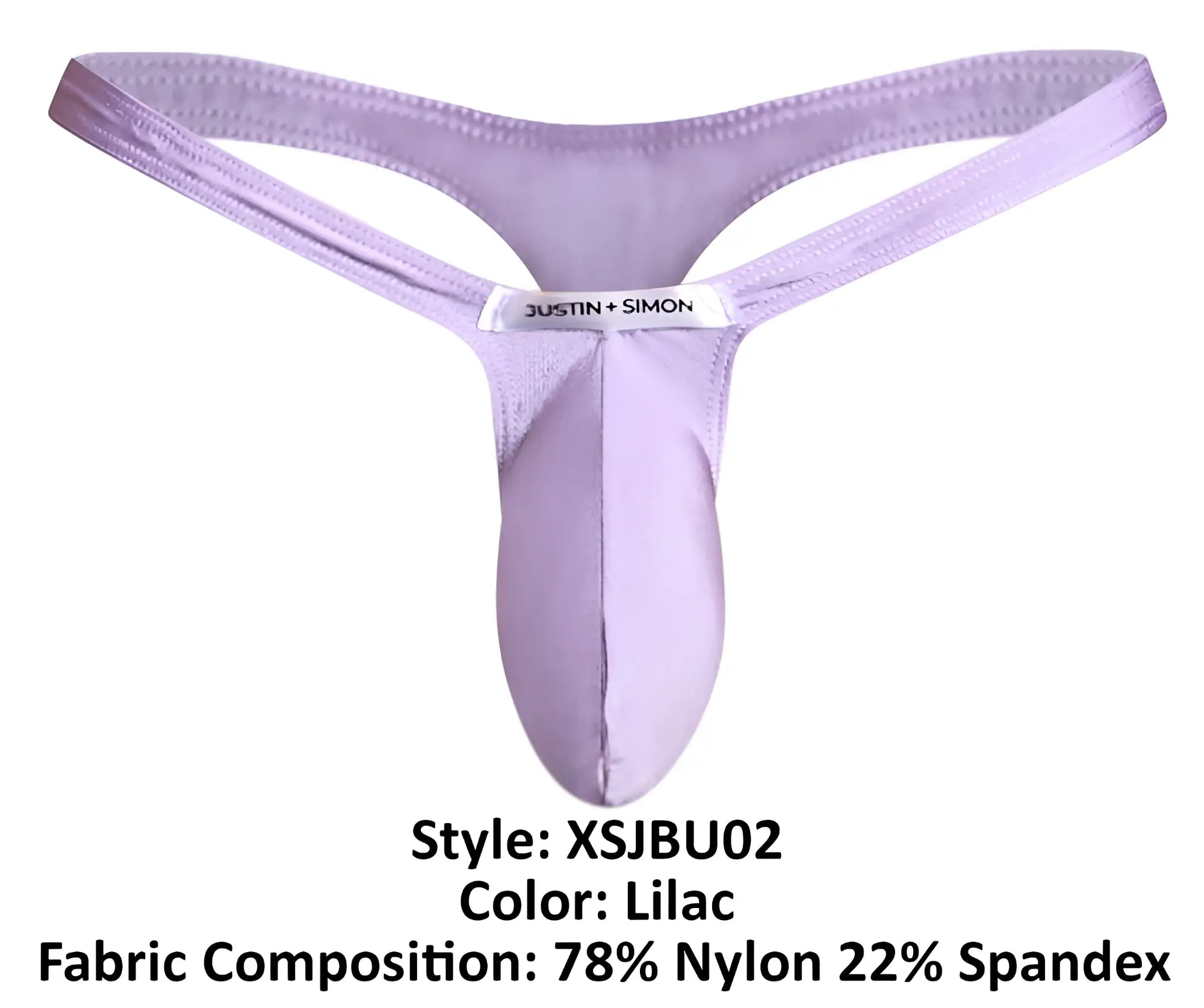 Lilac justin + simon bulge thong made of 78% nylon and 22% spandex in style xsjbu02