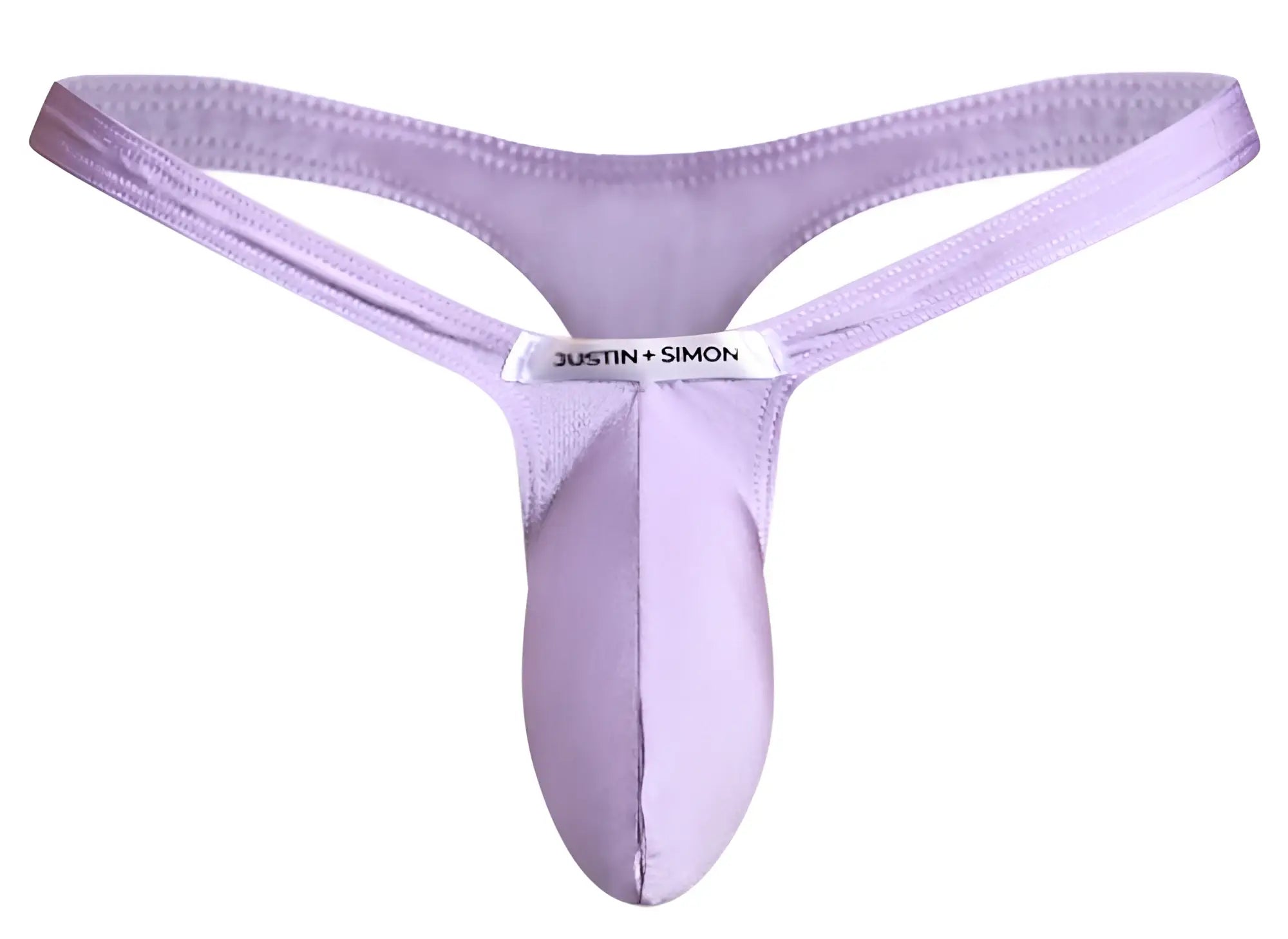 Purple satin bulge thong in lilac with a white label reading justin plus simon at the center front