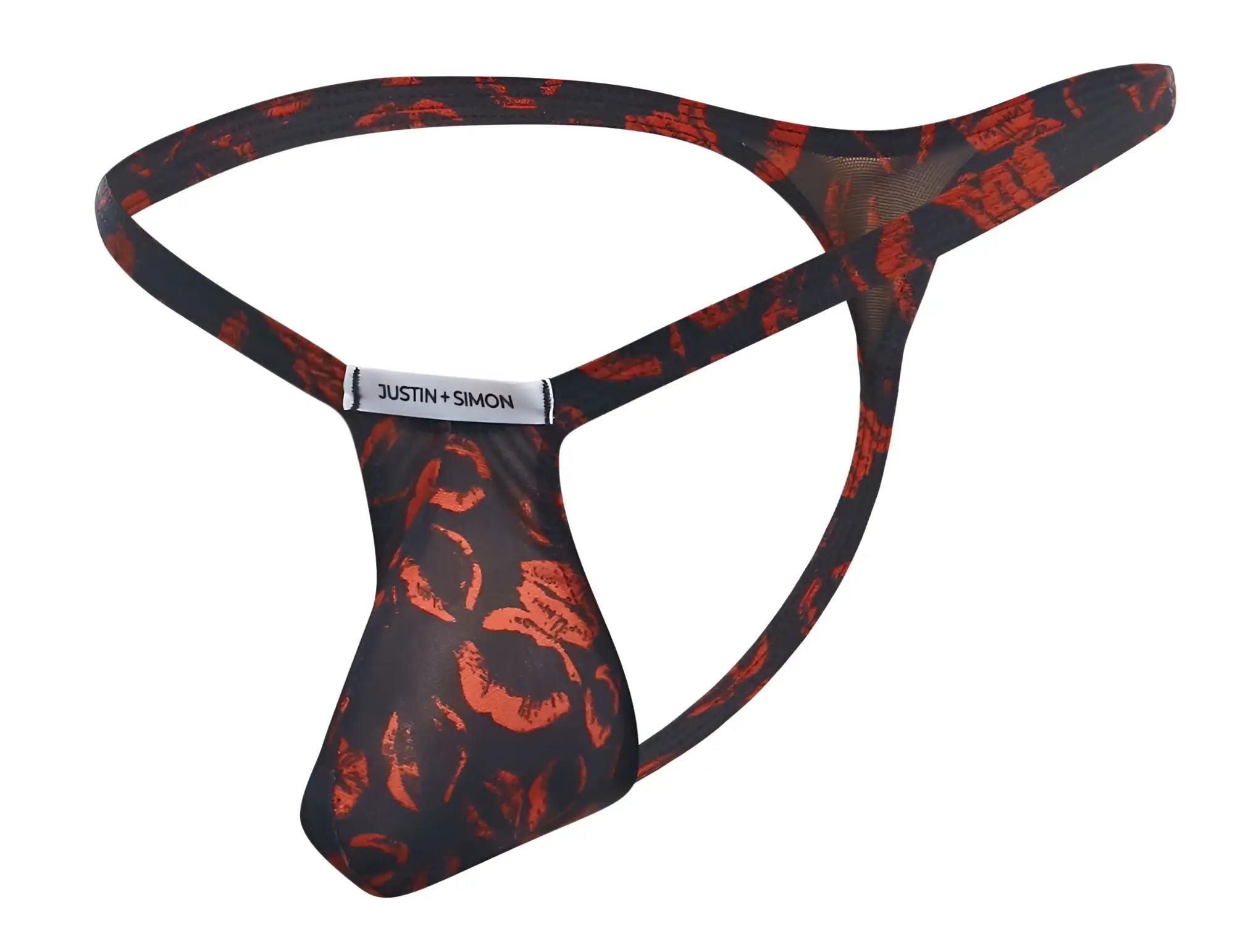 Black and orange patterned justin simon bulge thong with bold graphic design in lips color showing front view