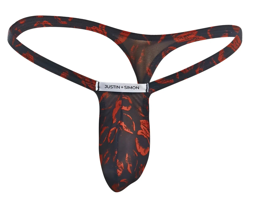 Black and red patterned justin plus simon bulge thong with sheer mesh design in lips color showing back side