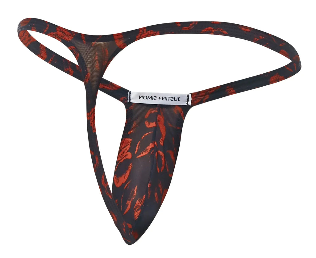 Black and red patterned mesh bulge thong with lips color and justin simon branded label in front view