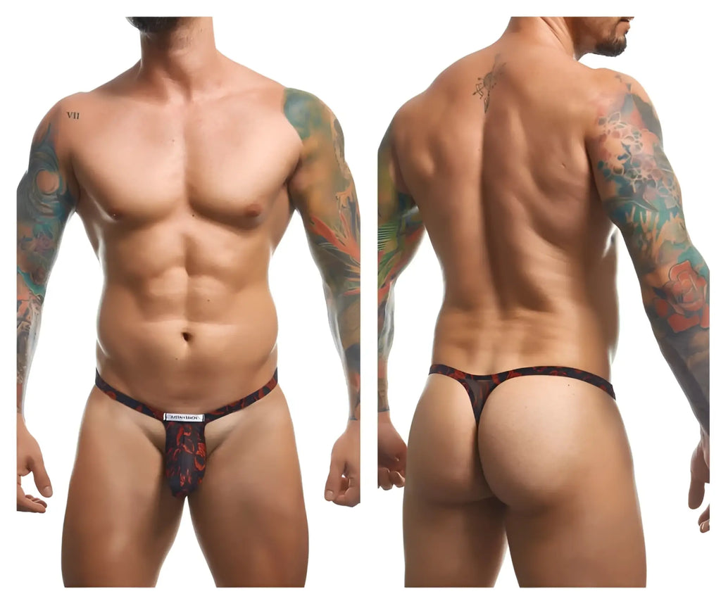 Black and red patterned bulge thong with small white label at front from justin simon xsjbu02 lips collection