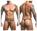 Black and red patterned bulge thong with small white label at front from justin simon xsjbu02 lips collection