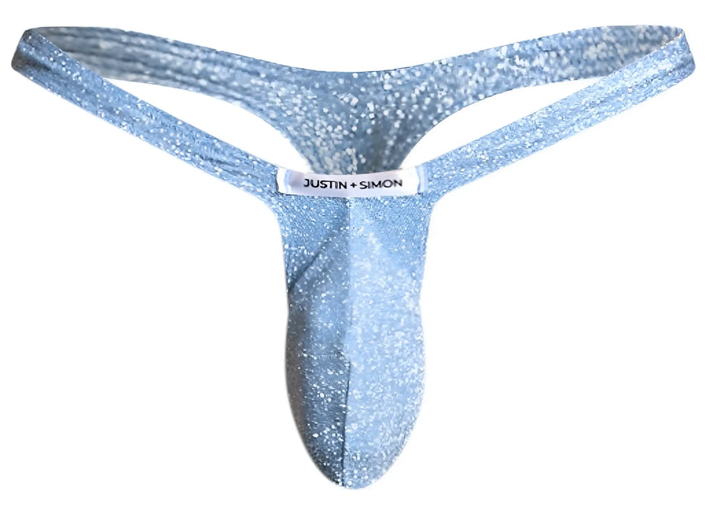 A shimmering light blue glittery lurex bulge thong from justin simon model xsjbu02 shown from the front