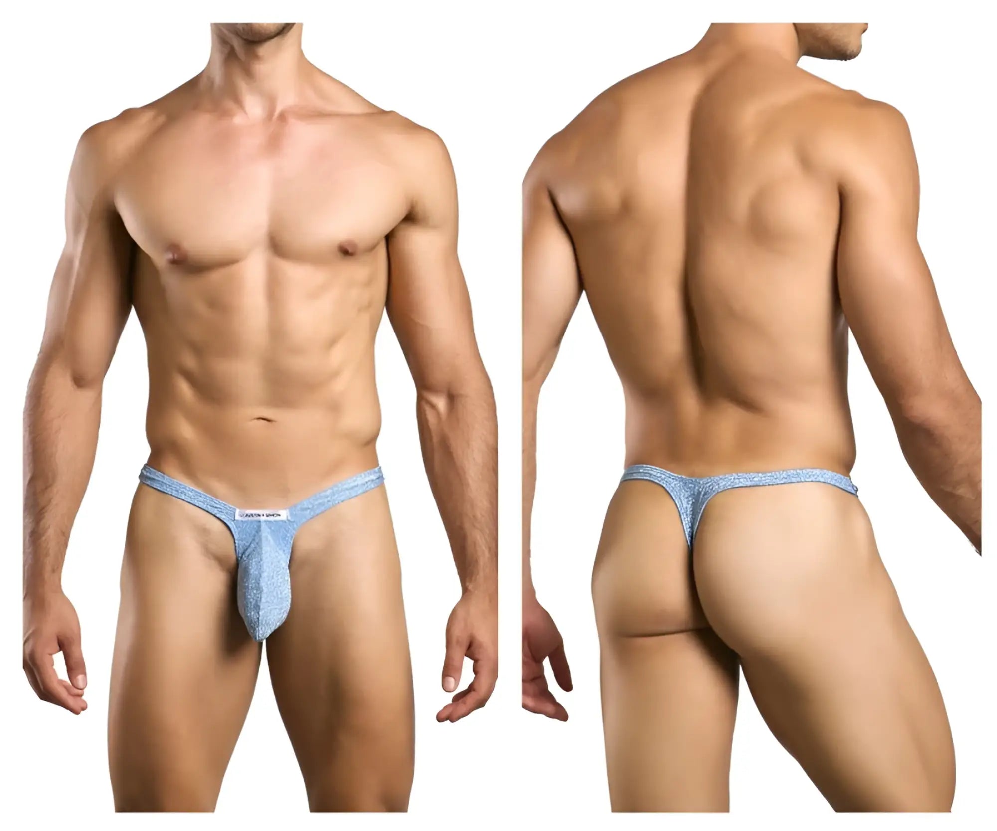 Justin simon xsjbu02 bulge thong in light blue textured lurex fabric with subtle pattern and small brand tag at front