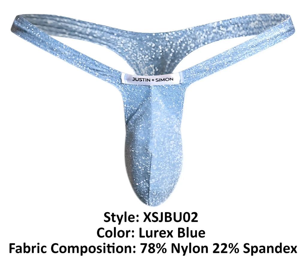 A shimmering lurex blue thong from justin + simon made of stretchy nylon and spandex for a glittering fit