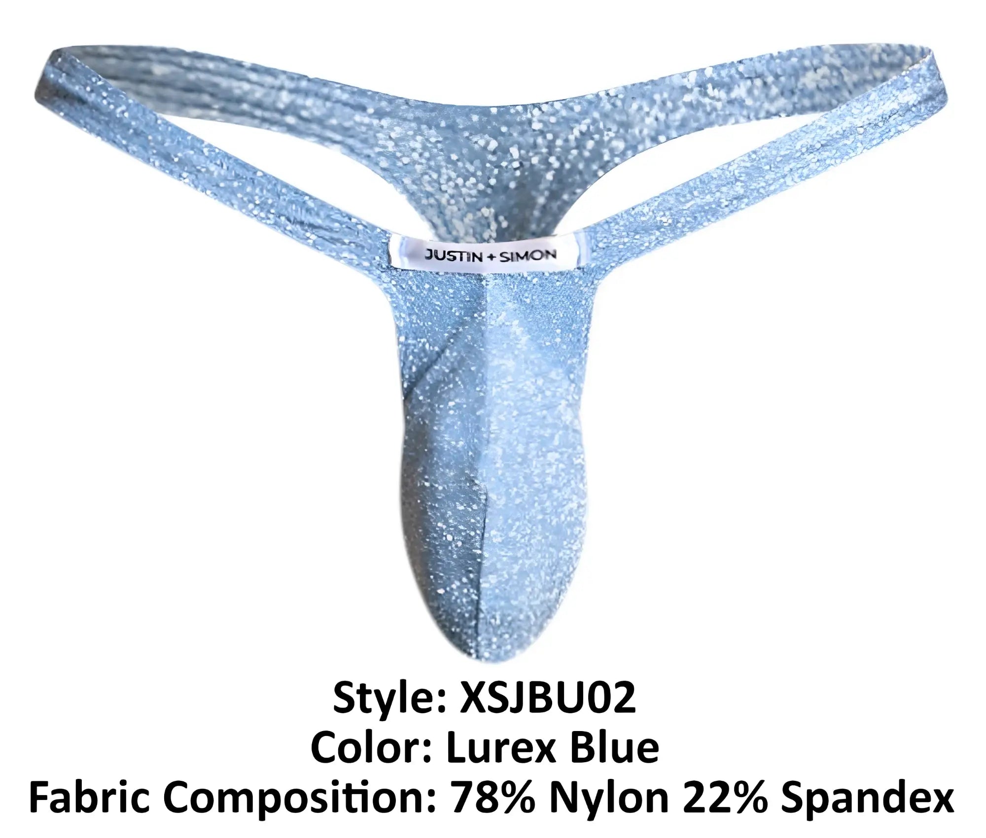 A shimmering lurex blue thong from justin + simon made of stretchy nylon and spandex for a glittering fit