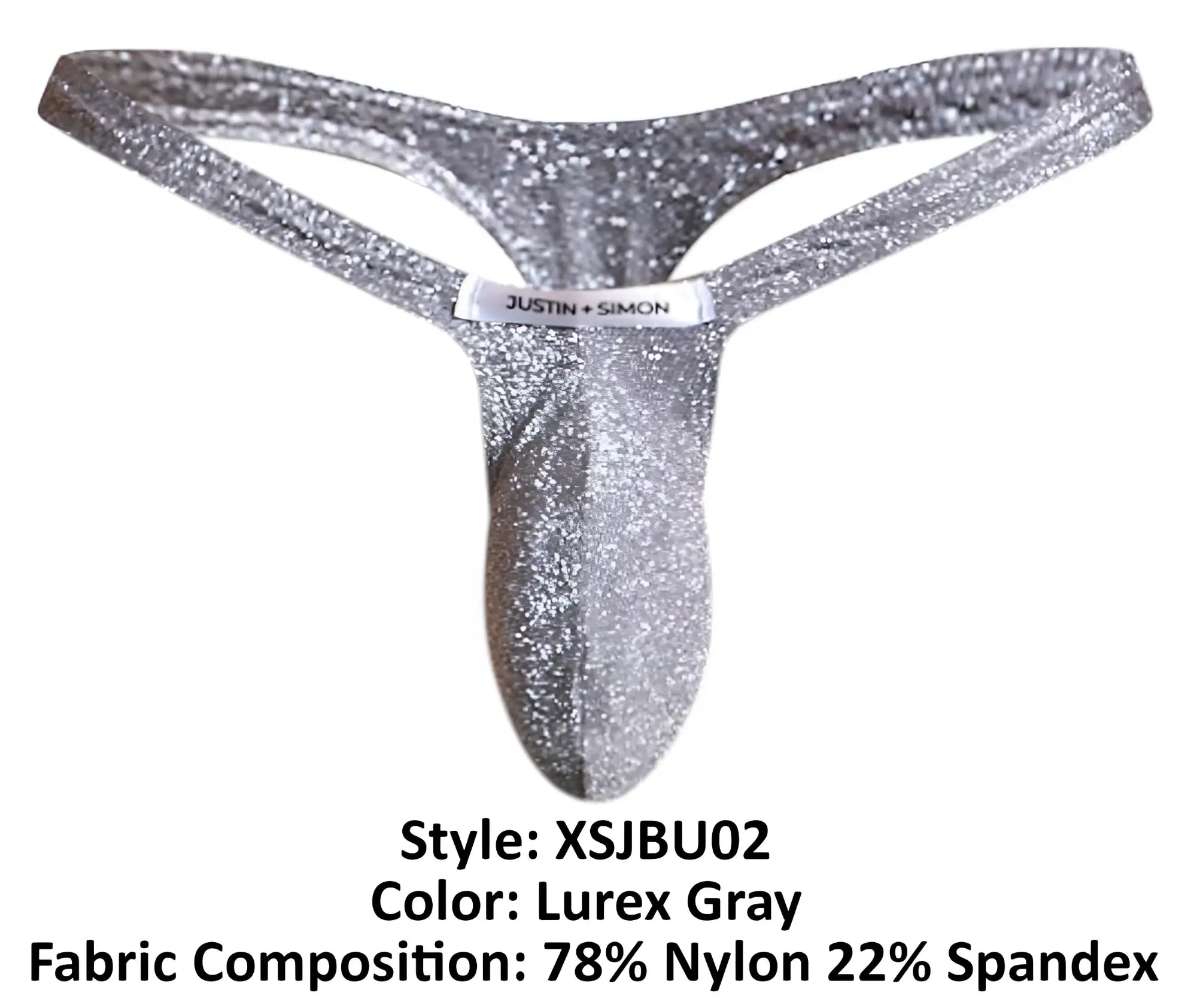 Shiny silver glittery lurex gray thong with justin plus simon label at waistband for stylish comfort