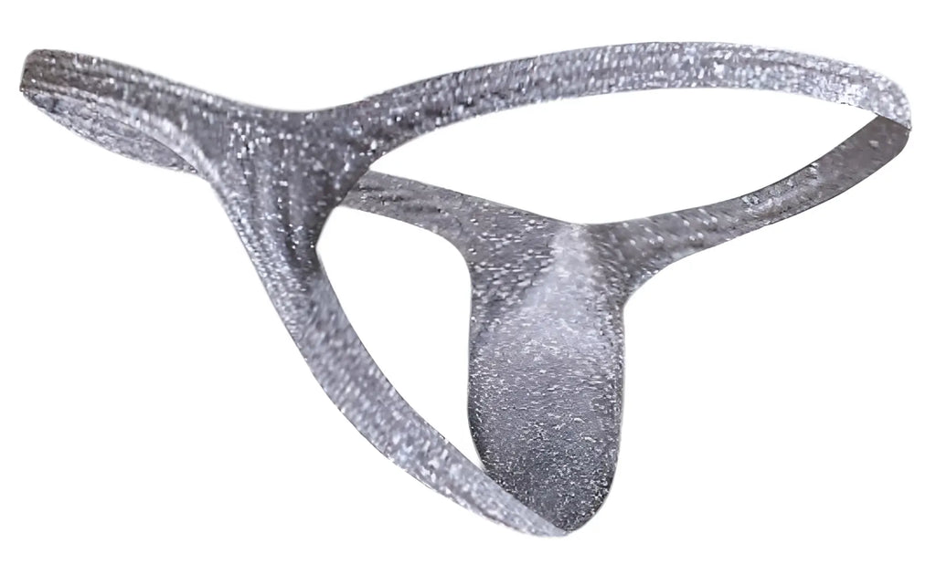 Justin Simon XSJBU02 bulge thong in lurex gray with a silver glittery textured sparkly surface