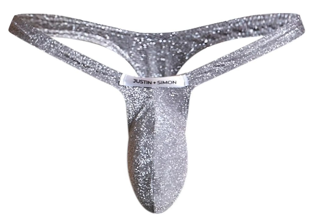 Silver glittery thong with justin simon brand label in lurex gray from justin simon xsjbu02 bulge thongs collection