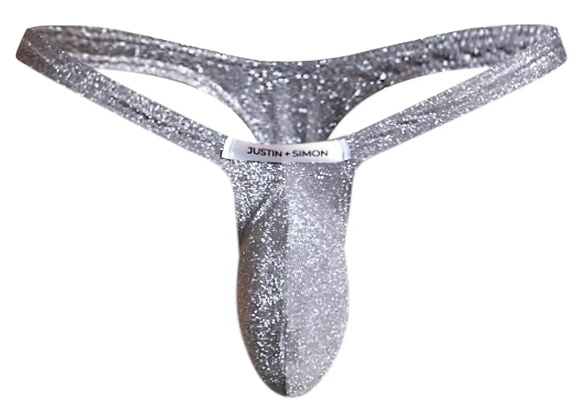 Silver glittery thong with justin simon brand label in lurex gray from justin simon xsjbu02 bulge thongs collection