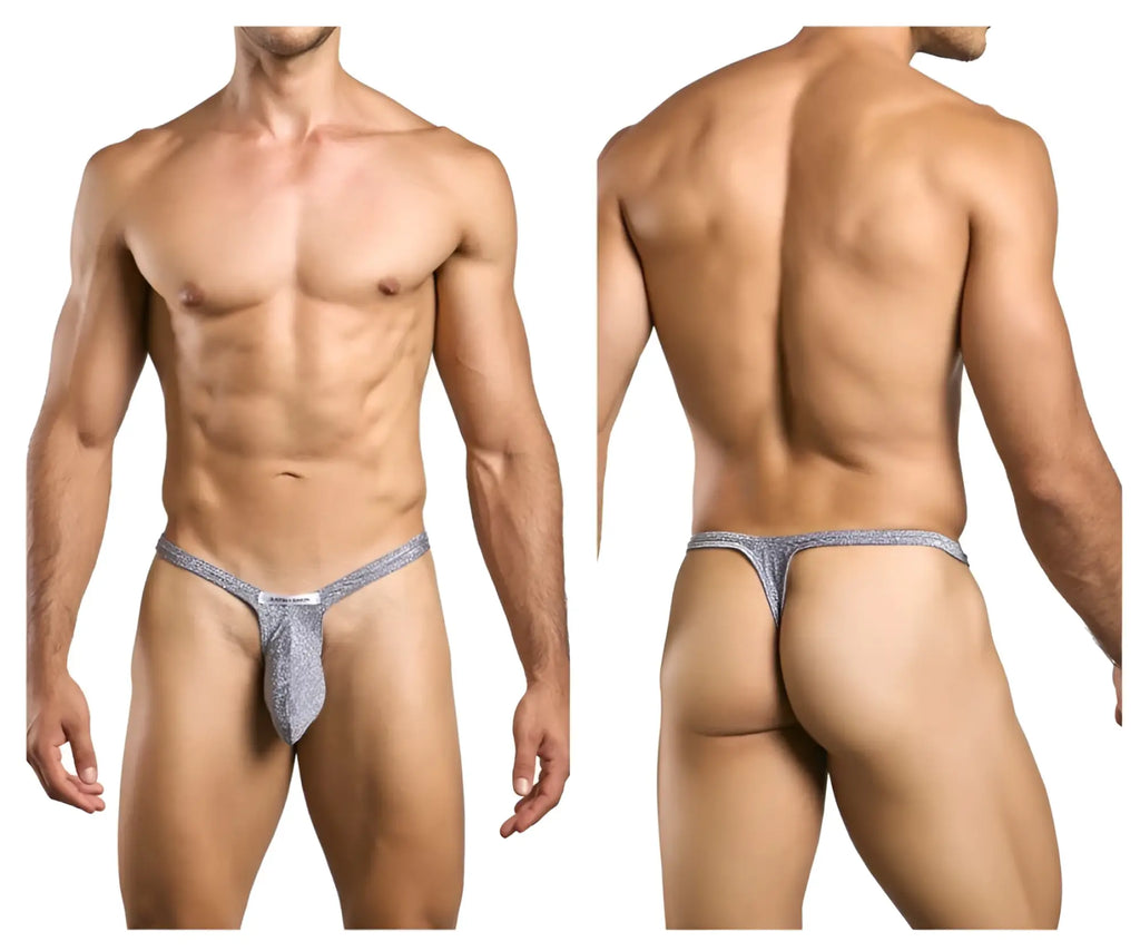 Silver glittery thong with subtle pattern and small brand tag in lurex gray from JUSTIN SIMON XSJBU02 bulge thongs collection