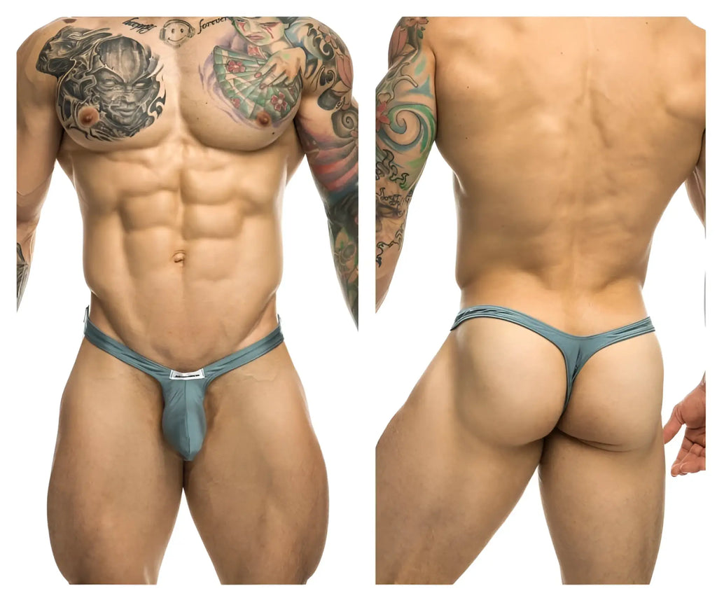Teal-colored bulge thong with a metallic buckle front from justin simon xsjbu02 in metal green color
