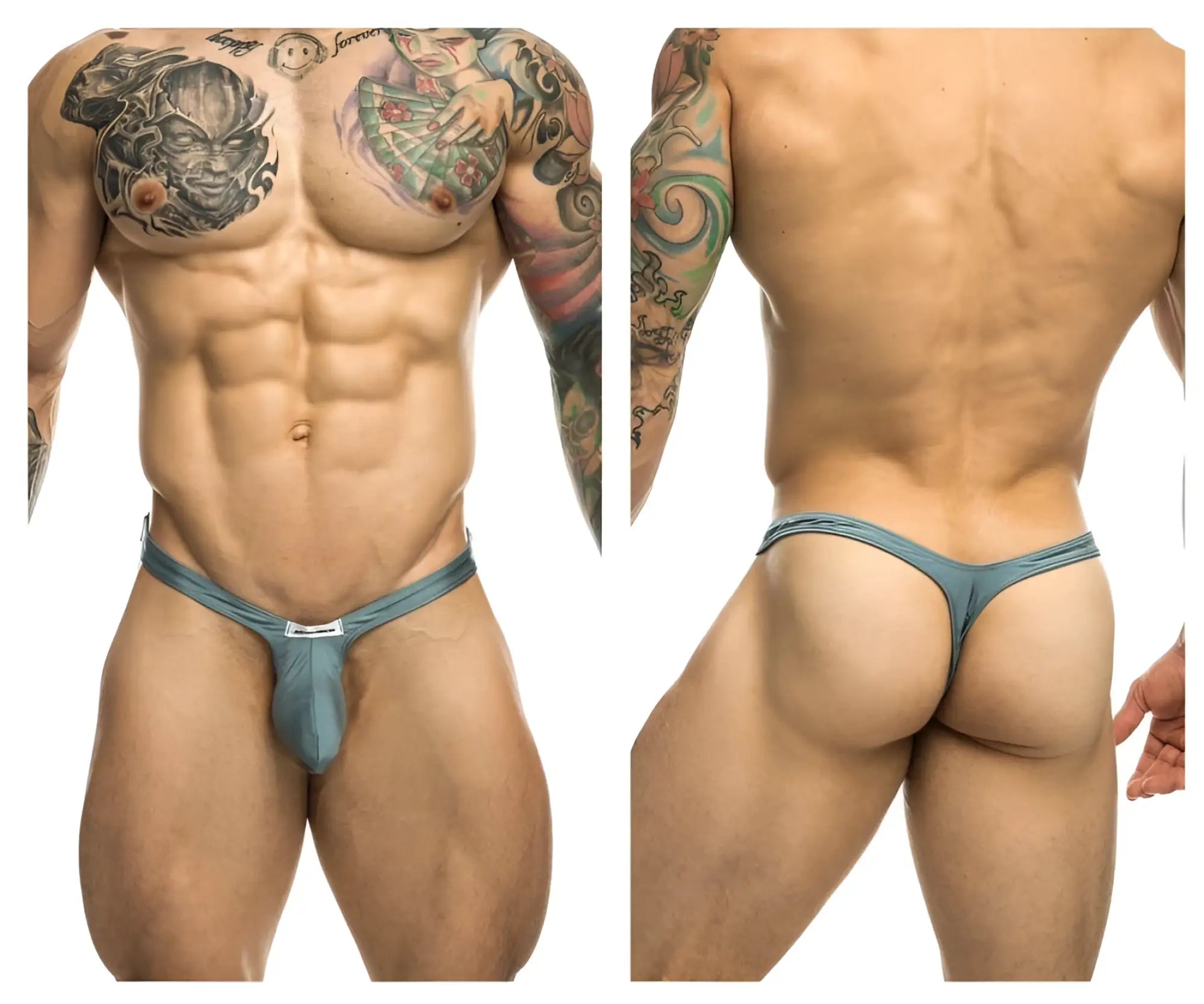 Teal-colored bulge thong with a metallic buckle front from justin simon xsjbu02 in metal green color