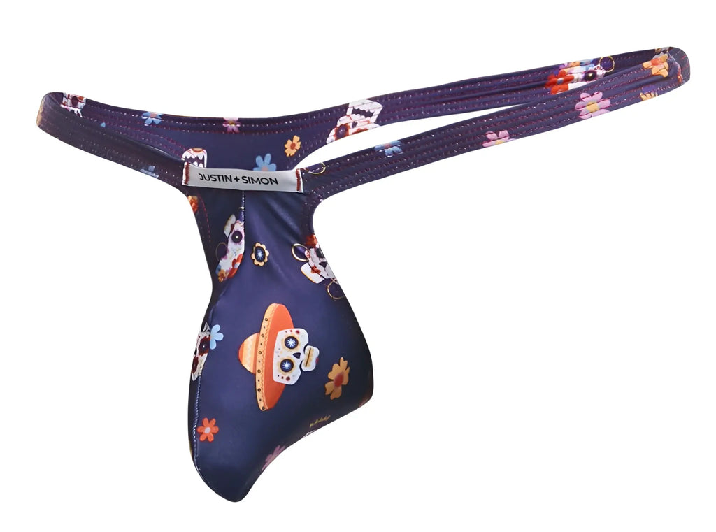 Dark blue justin simon men’s thong with vibrant day of the dead skull sombrero floral pattern color mexico design
