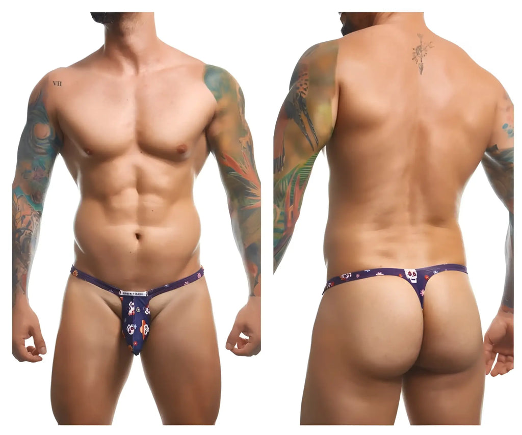 Purple patterned justin simon xsjbu02 bulge thong with skull and floral design in mexico color