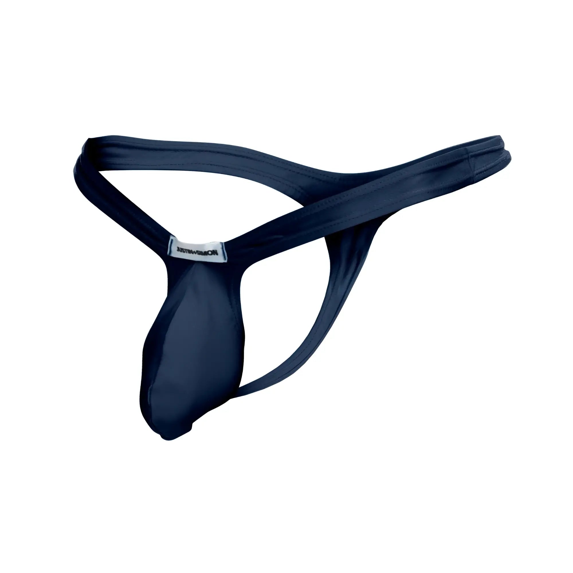Navy blue thong by justin simon made of smooth stretchable fabric with sleek design and branded waistband tag