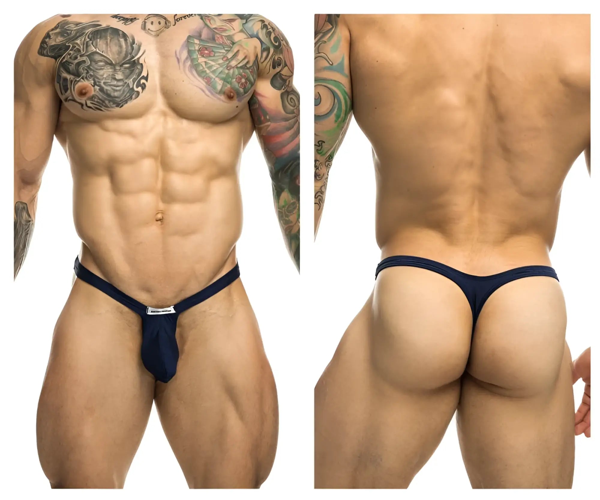 Navy blue JUSTIN+SIMON XSJBU02 bulge thong with small metallic clasp at front designed for men