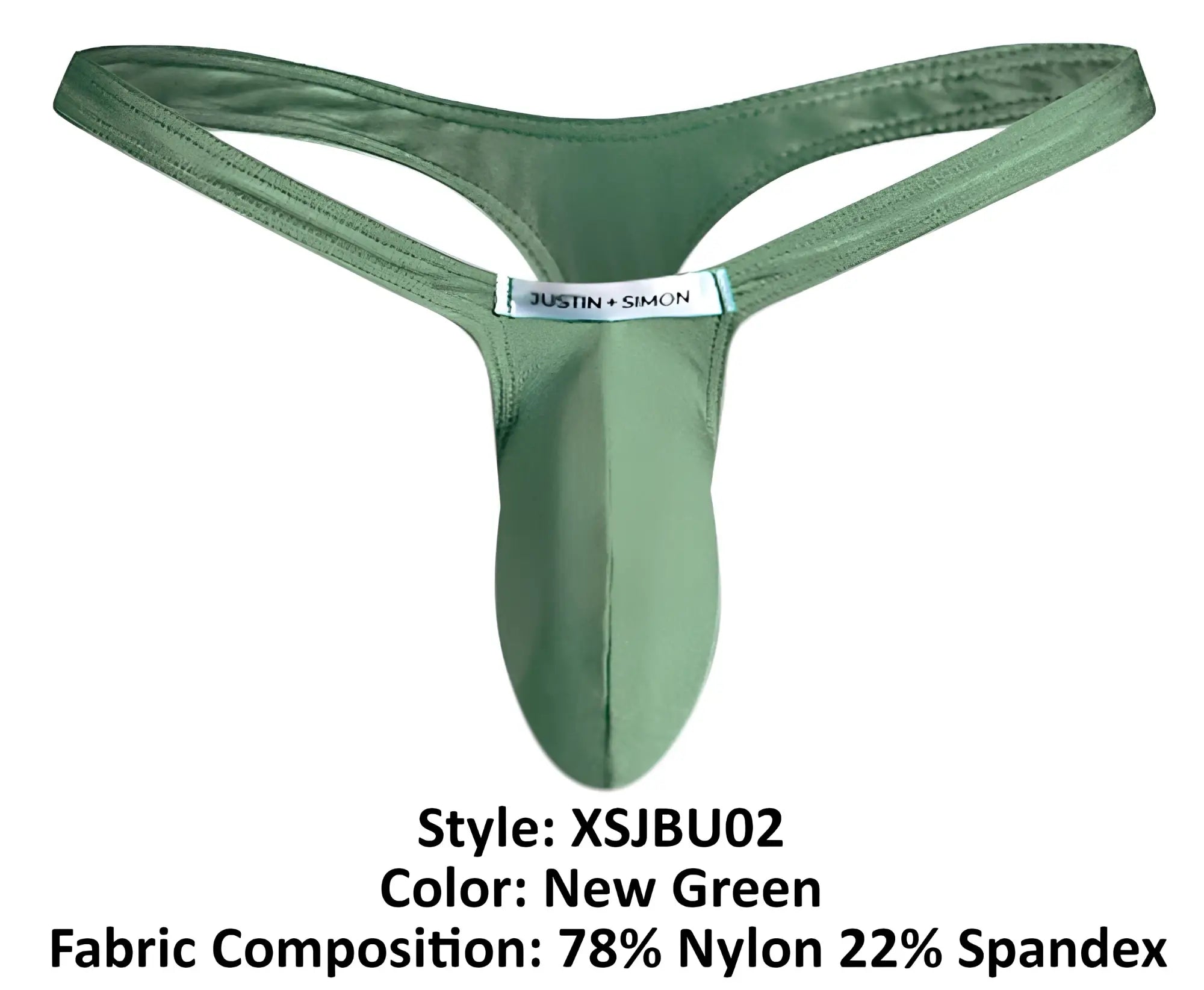 Justin simon men’s thong in new green made of 78 nylon 22 spandex with bulge pouch for comfortable fit