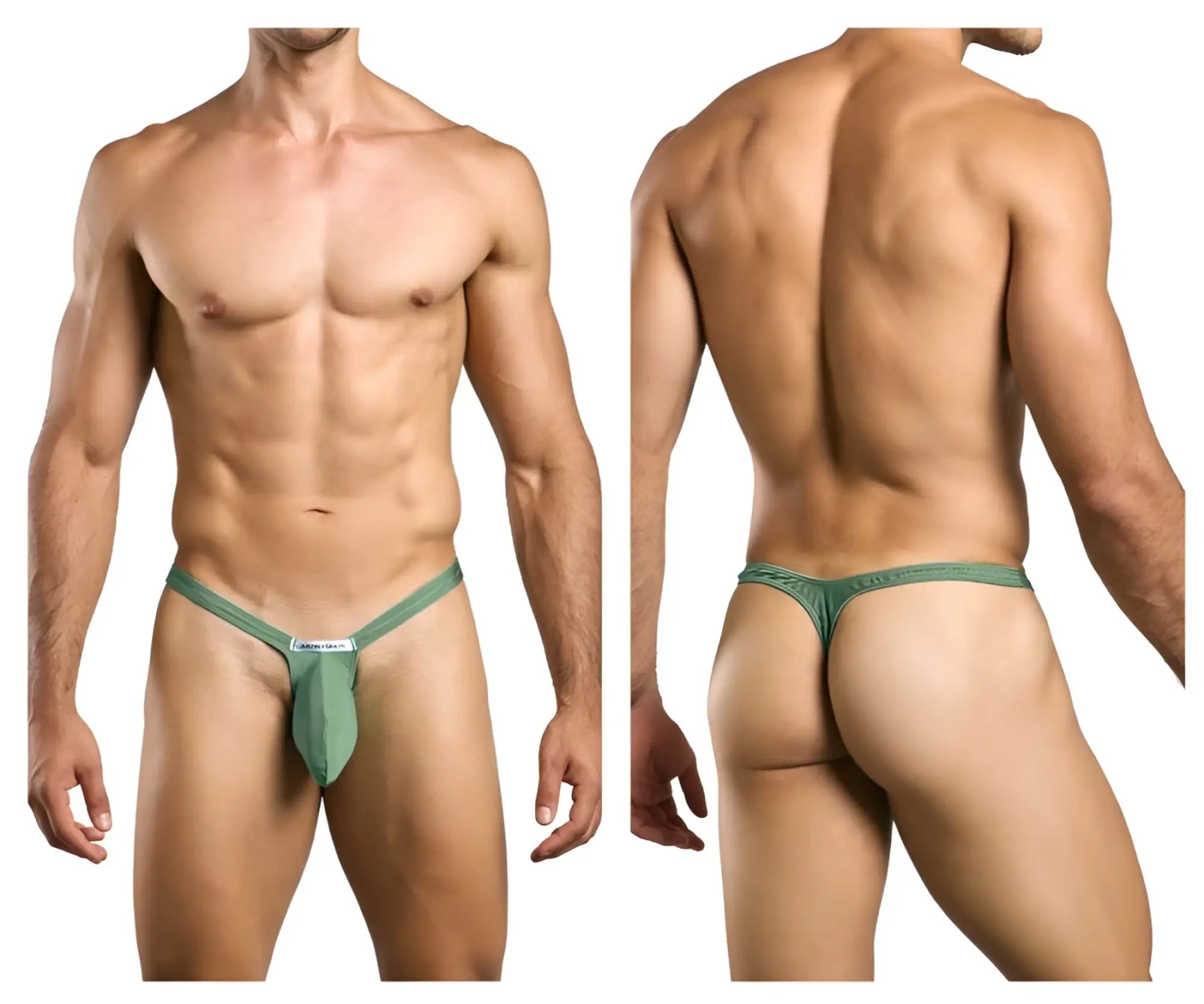Green mesh bulge thong with small white label on front band by JUSTIN SIMON in new green color